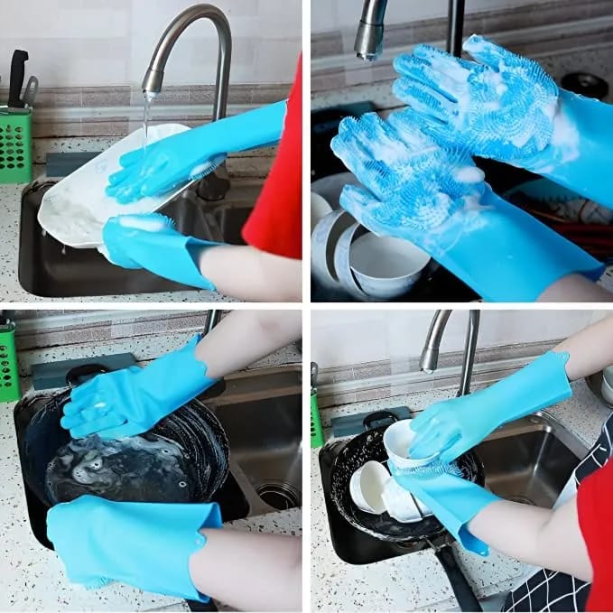 Reusable Dish washing Gloves with scrubber, Silicone Cleaning, Scrub Gloves for Wash Dish, Car Washing, Kitchen, Bathroom Multipurpose Usage