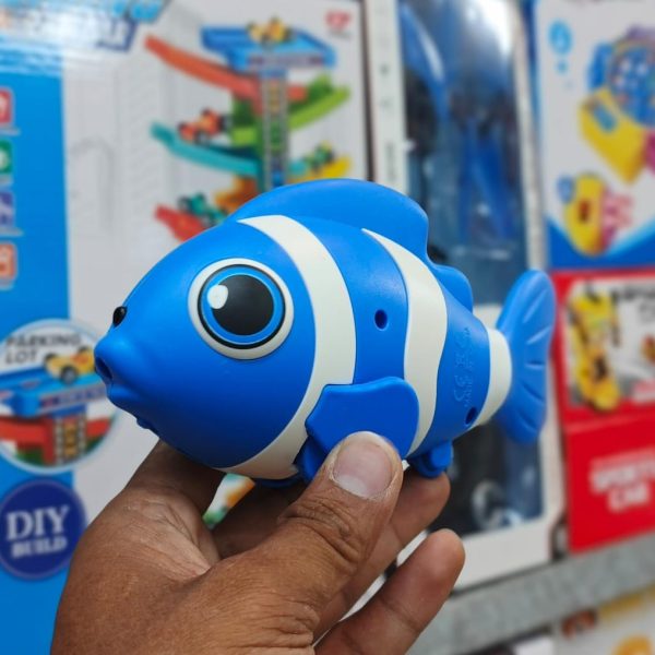 Electric Rechargeable Clown Fish toy that features move its tail or walk, mimicking swimming motions, and voice recording or sound sensor functionalities.
