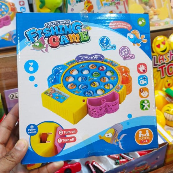 4-player electric musical fishing game includes a rotating board, 15 plastic fish, and 4 fishing rods.