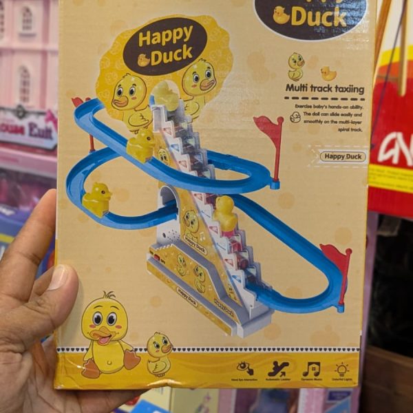 Happy Duck multi-track taxiing toy set featuring a battery-operated stair climber and roller coaster.