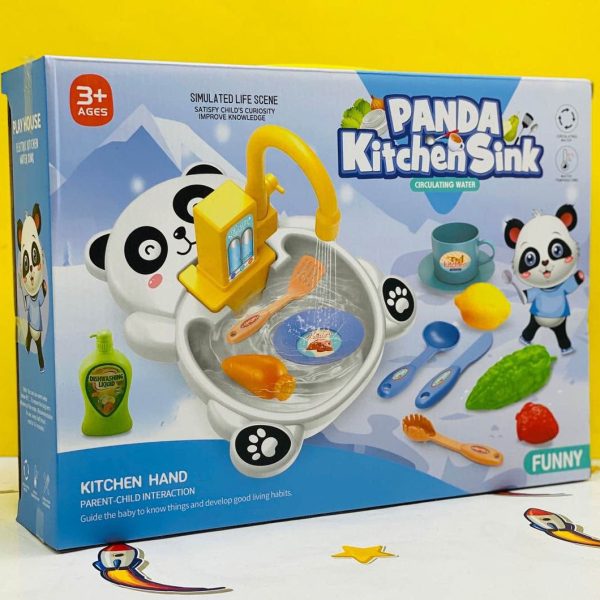 Panda Kitchen Sink set for children featuring a battery-powered circulating water faucet