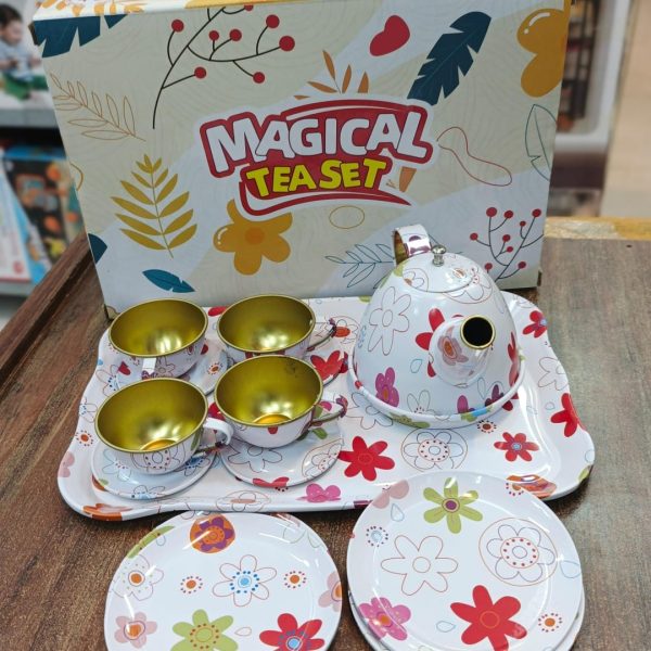 Magical Metal Tea Set Toy – Colorful Pretend Play Tea Party Set for Kids.