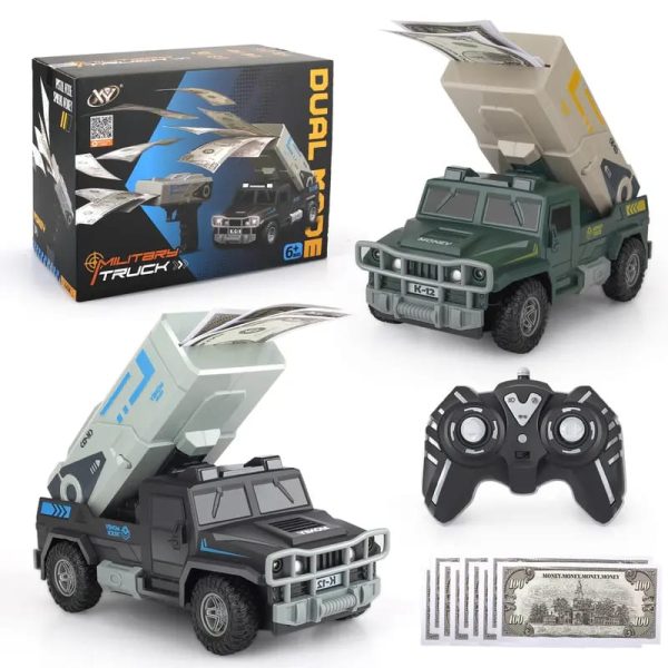 2-in-1 Military Remote Control Spray Money Car with light music, featuring a functional "money gun" mechanism.